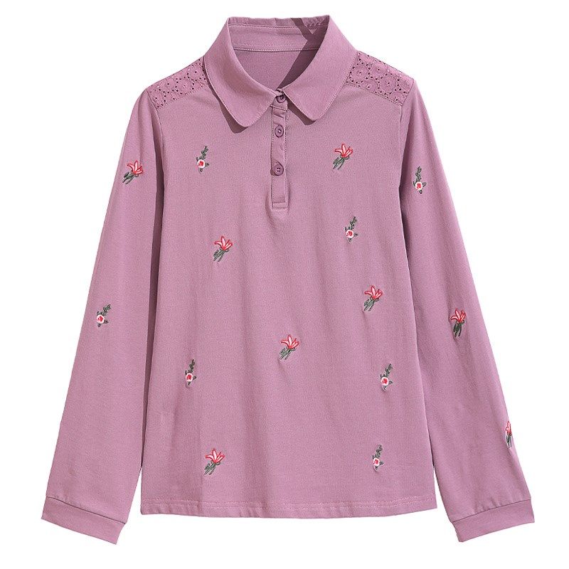 纯棉长袖t恤女2024春装新款气质大码polo衫中老年妈妈上衣打底衫