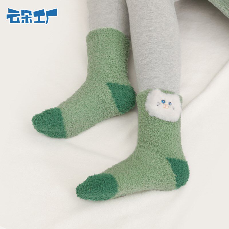 云朵工厂抱抱毛绒家居袜加厚保暖睡眠袜地板袜加绒可爱猫头中筒袜