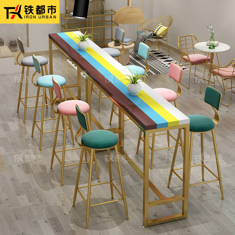 吧台桌铁艺实木靠墙家用简约隔断吧台高脚桌奶茶店酒吧桌椅组合