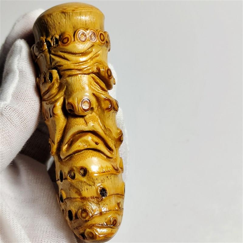 精品天然竹根随行雕刻怪脸罗汉头手把件一把抓纯手工竹根雕实心竹