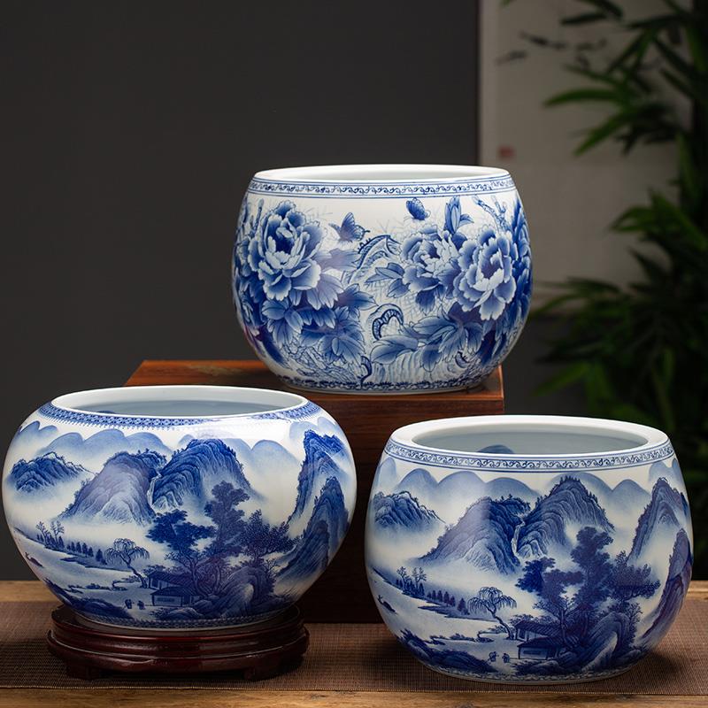 景德镇陶瓷器手绘青花瓷聚宝盆客厅玄关桌面中式装饰摆件招财鱼缸
