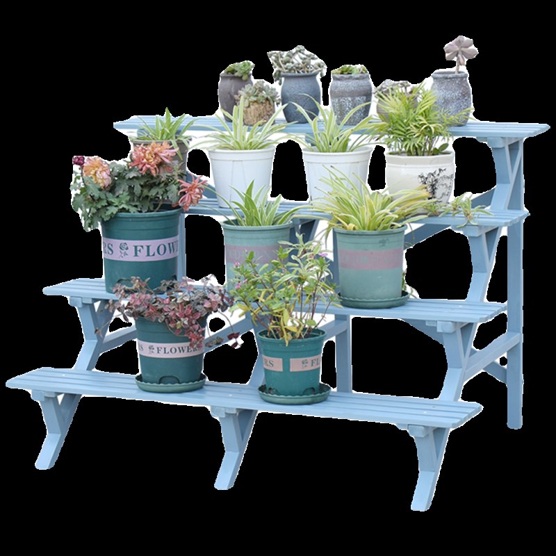 多层阶梯式实木花架复古蓝色四层吊兰防水花盆架加落地式可配轮子