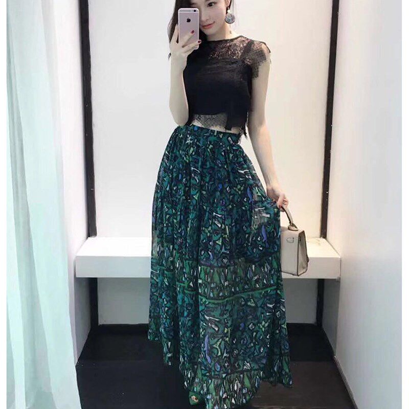 夏季2020蕾丝雪纺长裙御姐时尚裙女神范两件套洋气俏皮女夏套装潮