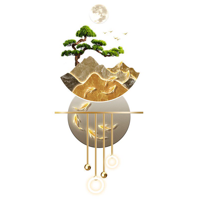 迎客松立体玄关装饰画过道走廊轻奢led发光壁灯画新中式山水挂画
