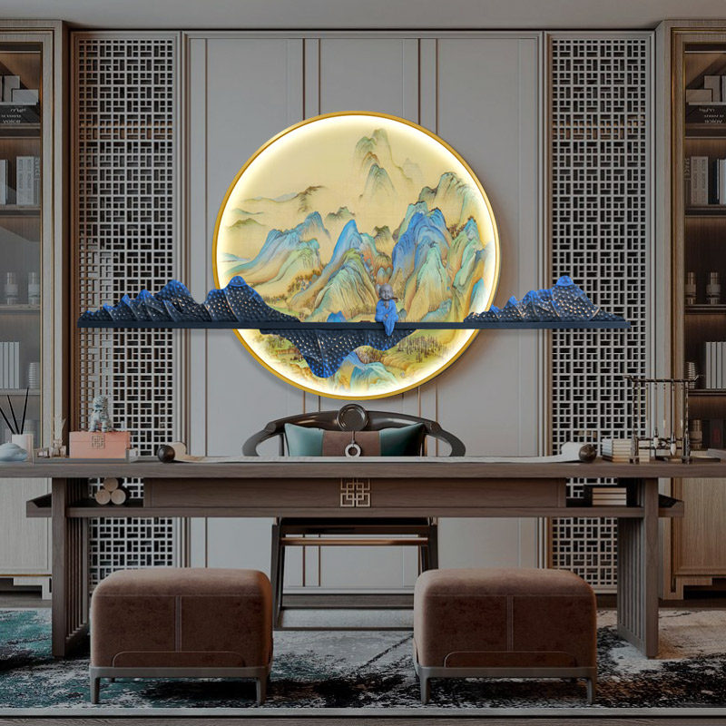 新中式客厅千里江山壁挂玄关LED灯发光装饰画餐厅茶室铁艺立体画