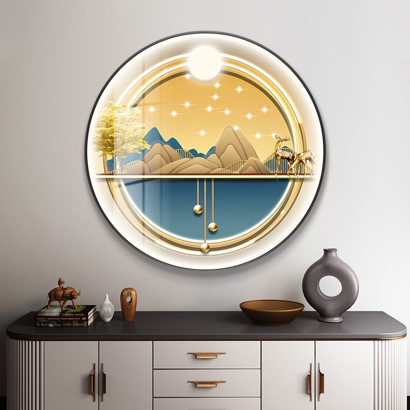 轻奢风玄关圆形装饰画麋鹿带灯发光画走廊入户挂画饭厅背景墙网红
