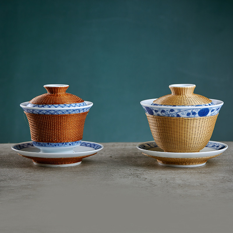 瓷胎竹编茶具盖碗手工艺品成都竹编非遗茶具竹丝扣瓷茶杯商务送礼