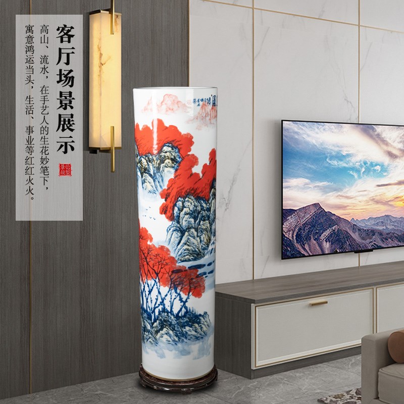 景德镇陶瓷大花瓶手绘鸿运图落地大瓷瓶公司开业乔迁礼品装饰摆件