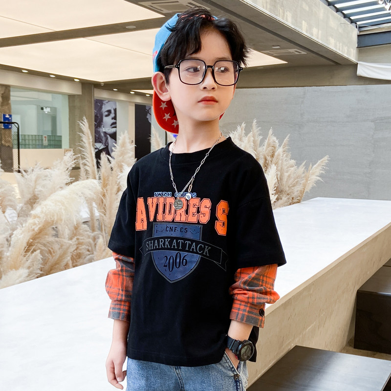 男童假两件长袖T恤2021新款卫衣春秋装洋气中大童薄款上衣儿童装