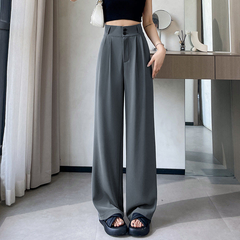 灰色西装裤女夏季薄款高腰显瘦高级感垂感西裤冰丝窄版直筒阔腿裤