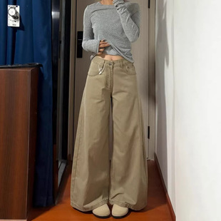 女高腰宽松百搭休闲直筒拖地长裤 2026年垂感美式 卡其色阔腿牛仔裤