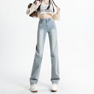 浅色直筒牛仔裤女夏季2026新款窄版阔腿裤小个子高腰宽松烟管裤子