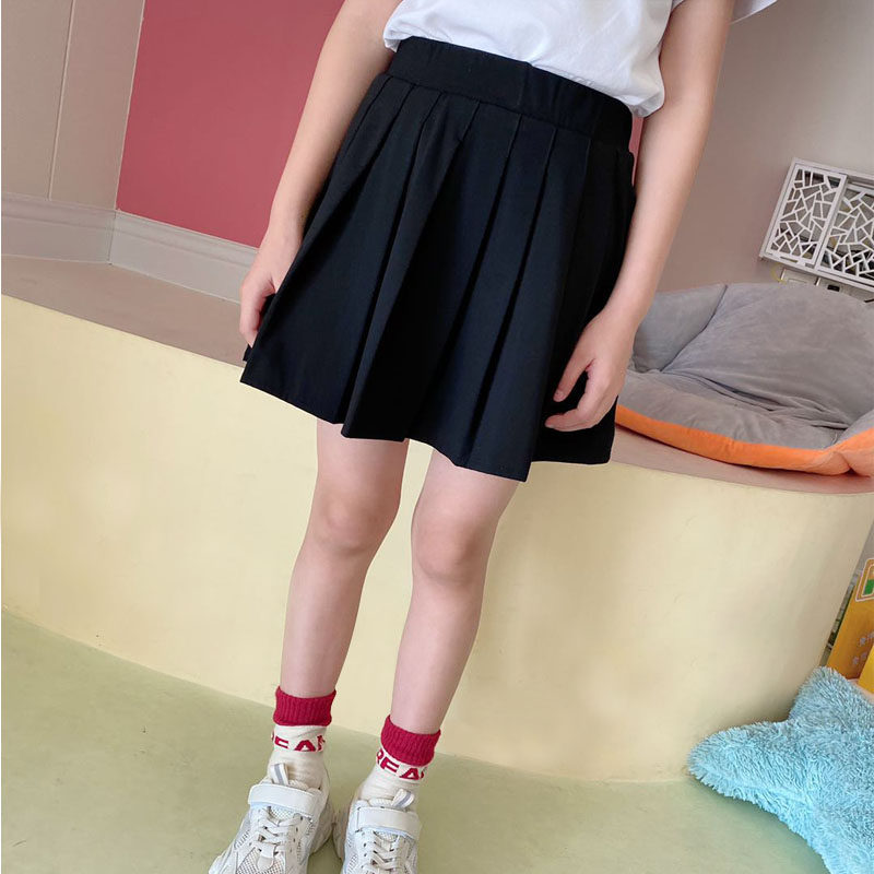 2021夏季女童百褶裙洋气夏装童装黑色短裙儿童半身裙女宝裙子纯棉
