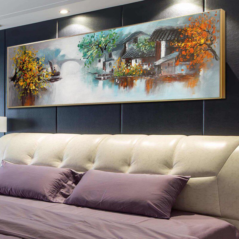 新中式床头挂画主卧山水画温馨房间壁画沙发卧室装饰客厅背景油画