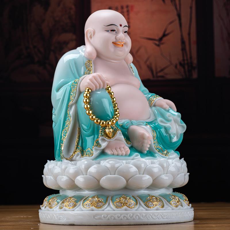 福佑林汉白玉彩绘镶金弥勒菩萨像玉雕大肚笑佛弥勒佛家居供奉摆件