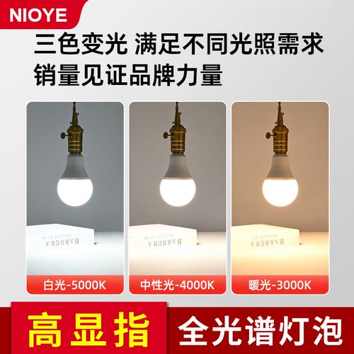 NIOYE全光谱e27螺口led灯泡三色变光E14高显色指学习专用护眼灯泡