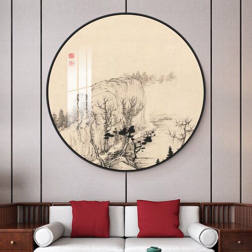 山水风景画客厅入户玄关装饰卧室壁画沙发背景墙餐厅圆形挂画简约