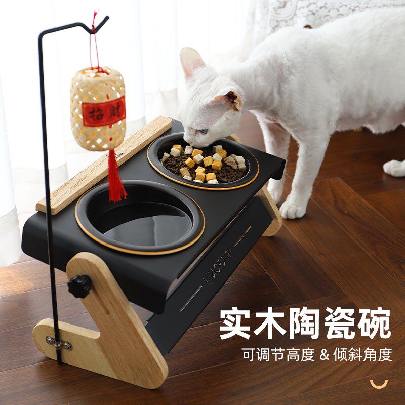 猫碗陶瓷狗碗实木增高架大口径猫食盆宠物双碗可调节护颈不易打翻