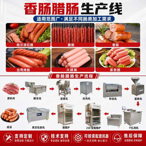 厂家广式腊肠设备生产线烟熏腊肠香肠红肠加工设备川味腊肠灌肠机