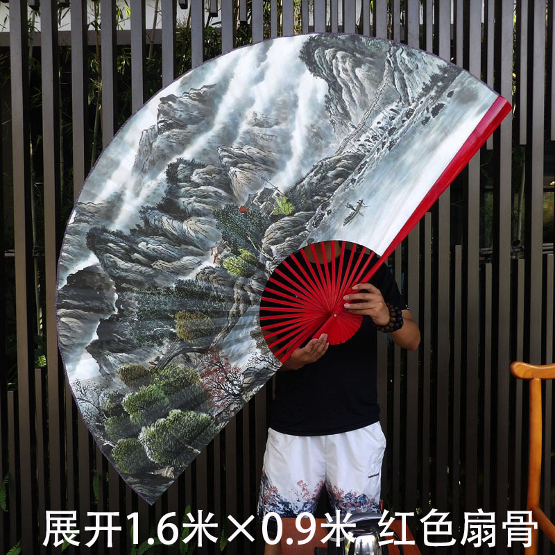新中式客厅装饰大挂扇中国风古典大折扇子山水水墨画小桥流水人家