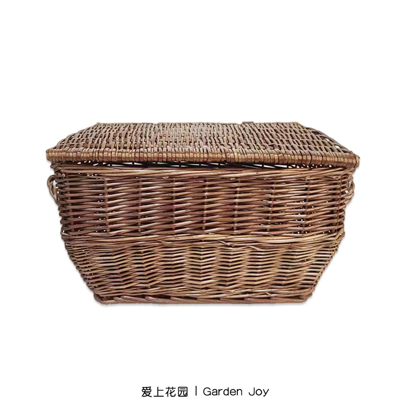 爱上花园手工柳编 家居装饰 收纳篮果篮提篮 双耳长方带盖收底篮