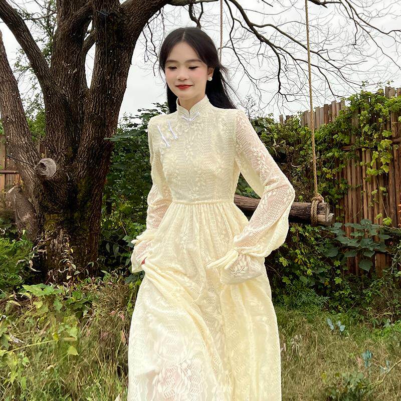 一罐杏仁桃2023复古改良蕾丝旗袍中长款秋冬打底日常温柔气质长裙