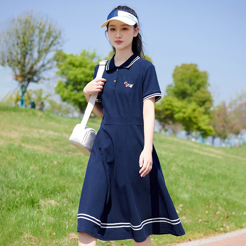 初中生少女连衣裙夏季A字裙大童女学生polo翻领裙子学院风中长款