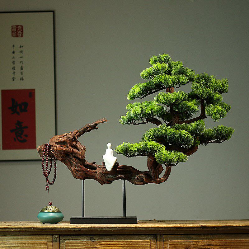 天然实木树根迎客松茶室书房玄关桌摆件中式酒店枯木逢春餐厅装饰