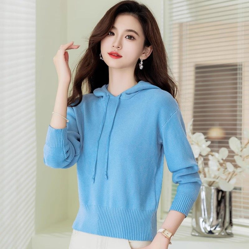 连帽女士毛衣秋冬2023新款女装加厚连帽针织衫小个子短款上衣卫衣