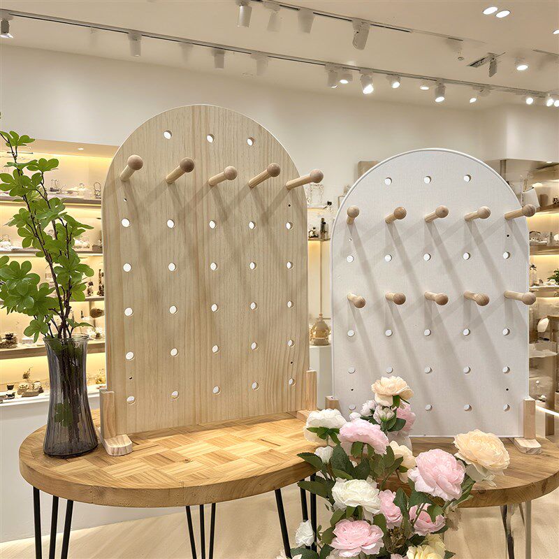 实木桌面洞洞板置物架立式饰品发圈收纳架子木质桌上展示架做定制