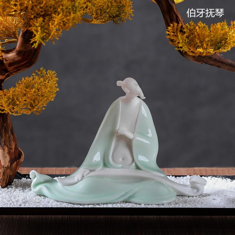 创意新中式陶瓷白瓷人物伯牙抚琴桌面摆件家居客厅电视柜书房饰品