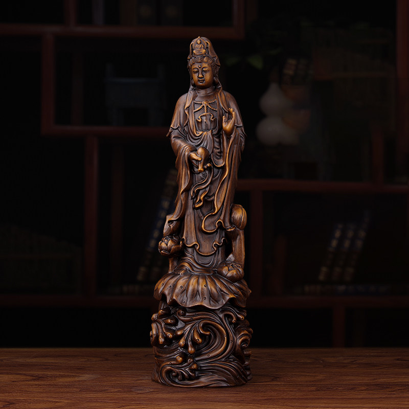 木雕观音摆件大号公司家用供奉南海观世音菩萨实木雕塑佛像工艺品