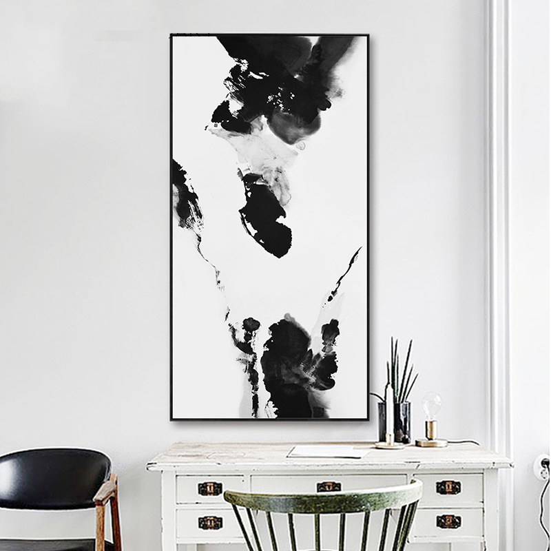 新中式沙发背景墙装饰画抽象黑白水墨画入户玄关挂画竖版书房墙画