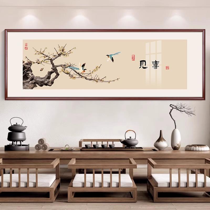 新中式沙发背景墙挂画 实木框晶瓷花鸟装饰画 客厅高级感中式挂画