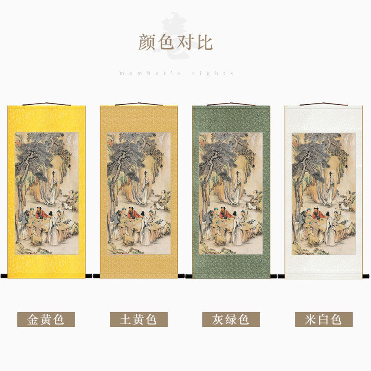 中式复古卷轴挂画 八仙弈棋图绢布画 客厅装饰无框卷轴画