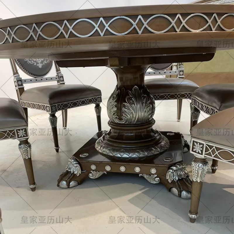 法式古典描银圆餐桌椅实木布艺欧式豪华餐桌椅组合