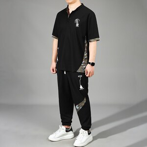 高弹中式男装套装大码中国风五分袖长裤夏季薄款一套立领舒适透气