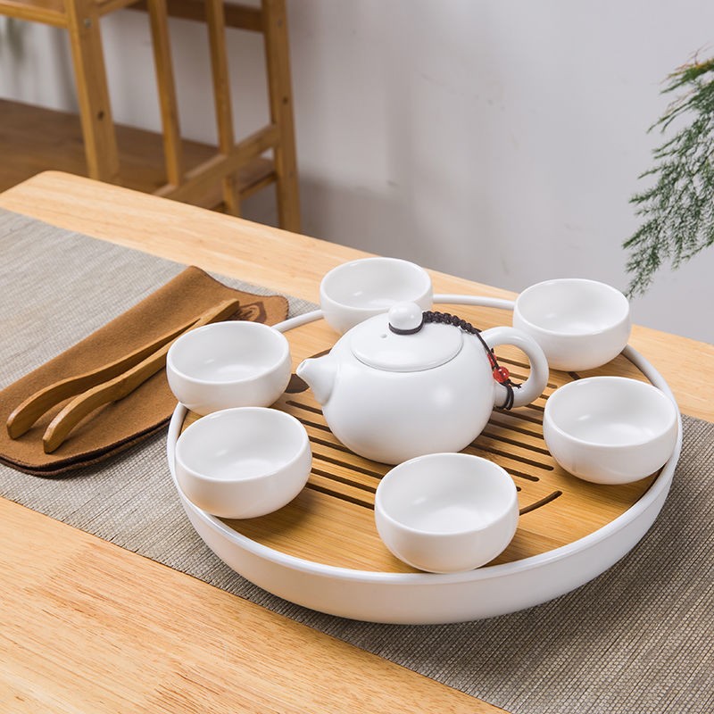 功夫茶具定窑茶壶茶杯套装日式竹制托盘快客茶具圆形储水陶瓷茶盘
