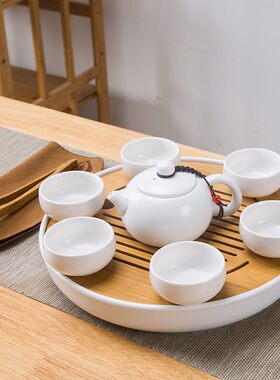 功夫茶具定窑茶壶茶杯套装日式竹制托盘快客茶具圆形储水陶瓷茶盘