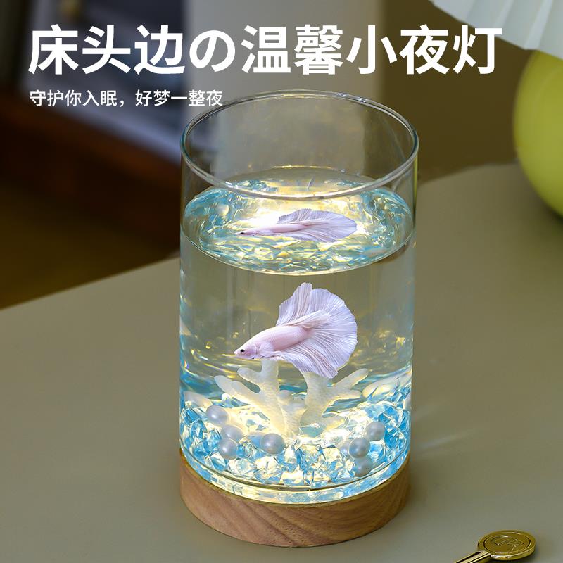 创意圆柱鱼缸 水晶石造景玻璃缸 客厅小型生态鱼缸