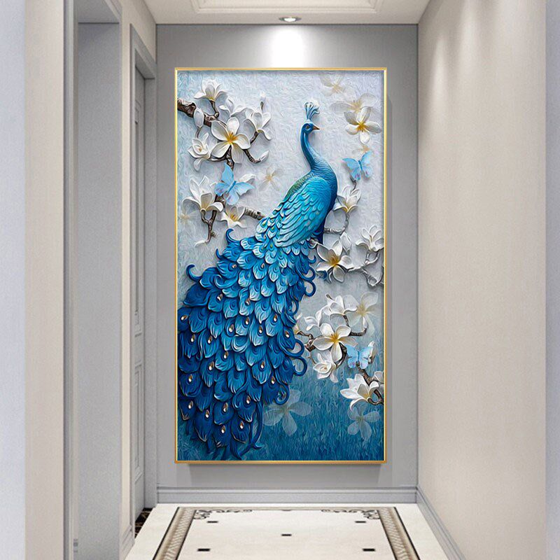 入户客厅玄关装饰画现代简约竖版背景墙壁画走廊过道挂画孔雀镶钻