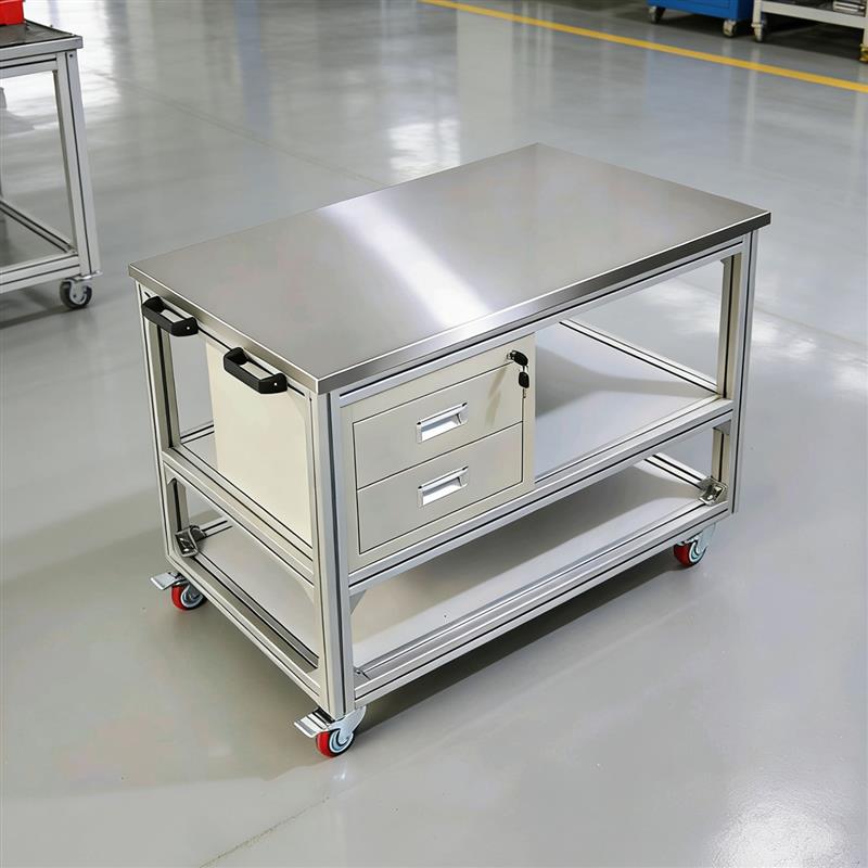 铝合金型材不锈钢台面带轮工作台防静电周转车带抽屉可移动操作台