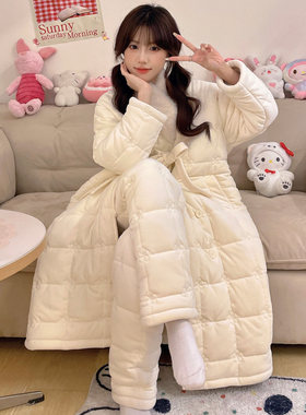 秋冬季睡衣女款三层夹棉珊瑚绒长款睡袍加厚加绒保暖家居服套装冬