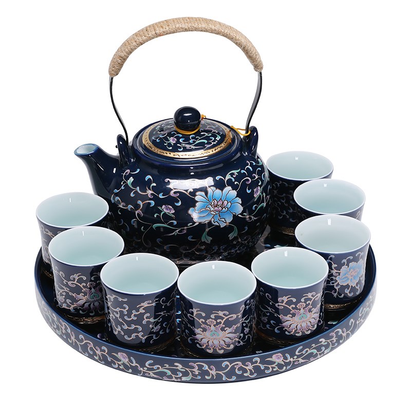 珐琅彩提梁壶功夫茶具套装家用送礼景德镇青花复古陶瓷大茶壶茶杯