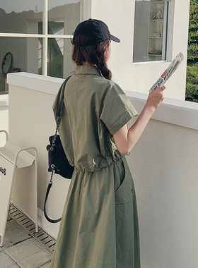 实拍工装军绿色连衣裙女夏美式复古宽松御姐风甜酷休闲套装两件套