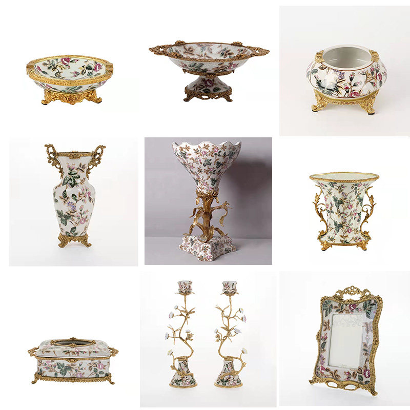 欧式玄关装饰摆件花插陶瓷配铜花瓶美式客厅工艺品黄铜装饰摆设