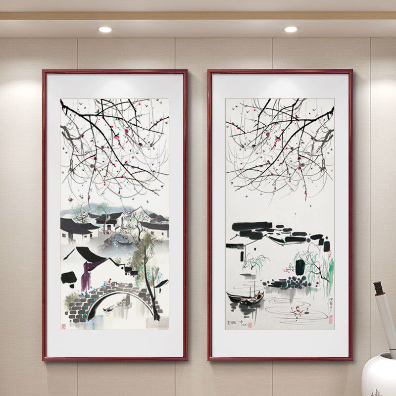 水墨画江南水乡玄关装饰画新中式挂画客厅入户走廊过道徽派壁画