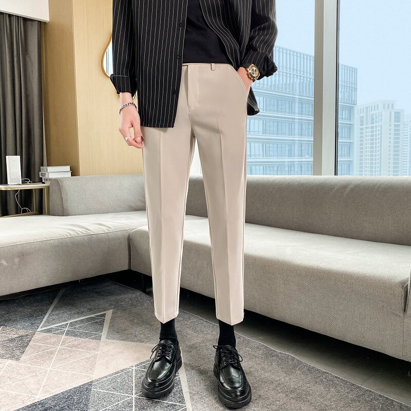 夏季小直筒西裤男学生轻熟风修身免烫休闲男装九分西装裤坠感黑色