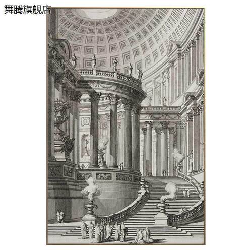 新品复古装饰画客厅沙发背景墙挂画城堡建筑艺术黑白简约巨幅壁画