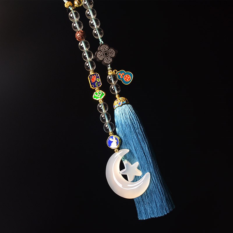 月亮星星玉髓车挂女神款高档白水晶车挂饰车内吊饰流苏后视镜挂件
